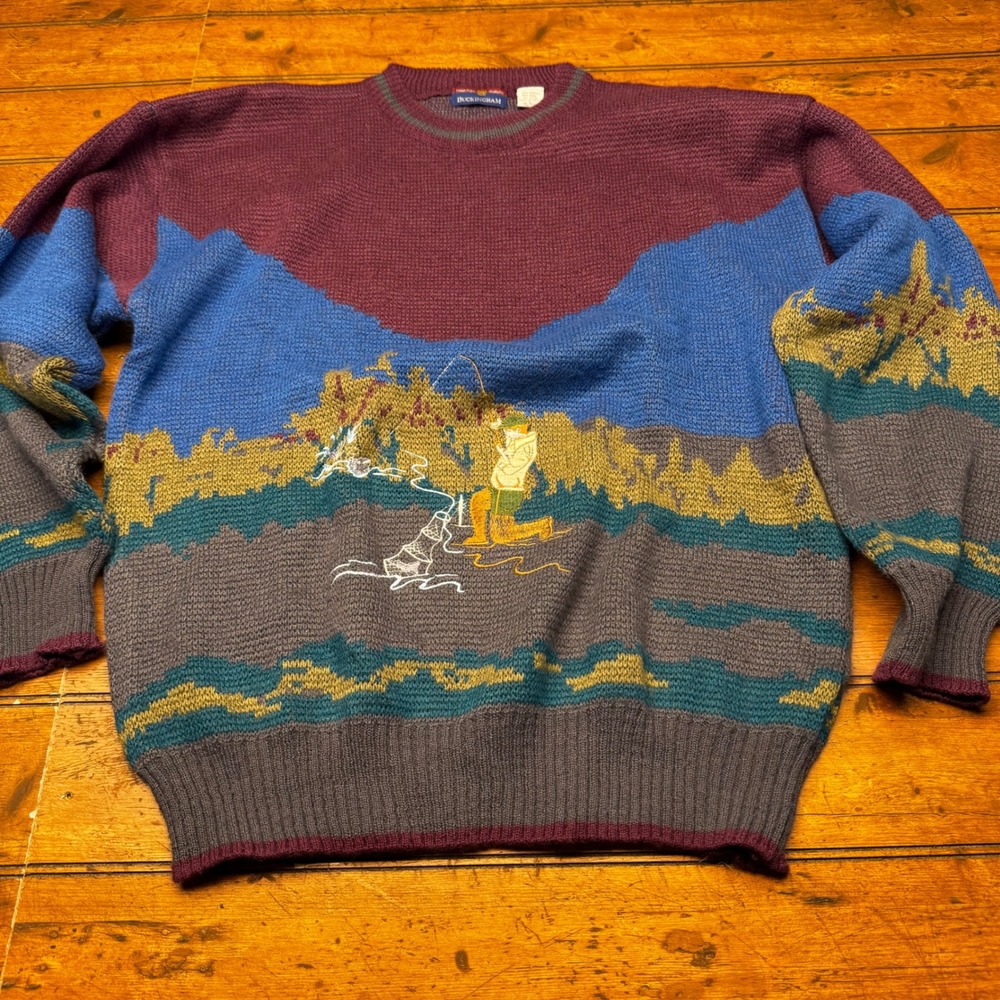 Vintage Buckingham Fishing Scene Wool Blend Sweater Mens Large Multicolor Scenic